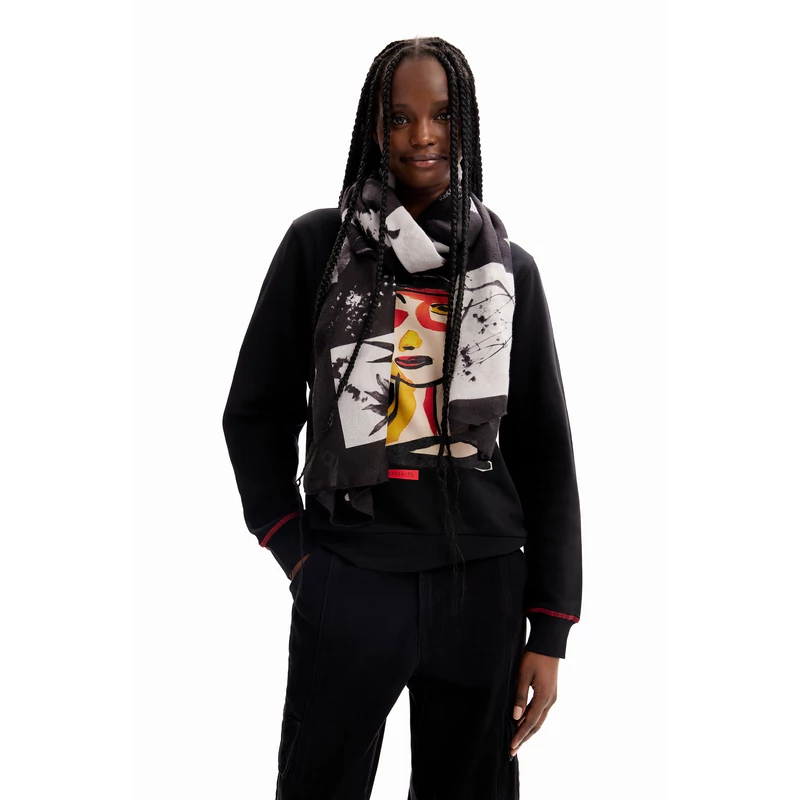 Desigual női divatsál, Floral BW Rectangle, fekete-fehér virágmintás