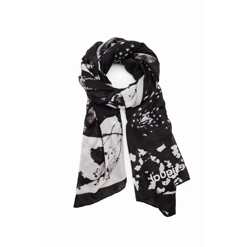 Desigual női divatsál, Floral BW Rectangle, fekete-fehér virágmintás