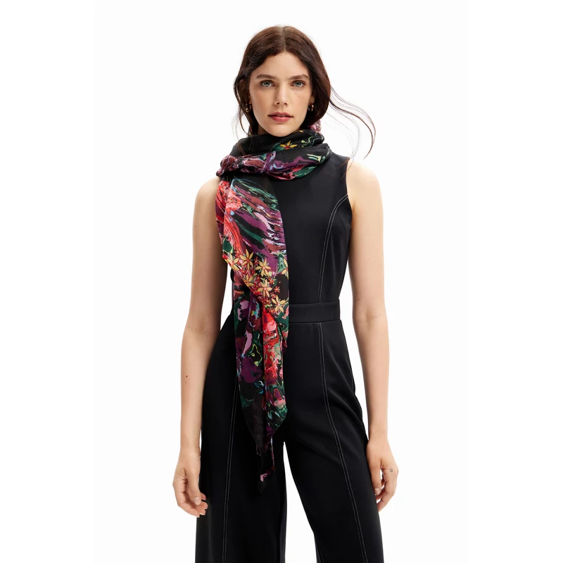 Desigual női divatsál, Flores Liquid, fekete, színes mintás