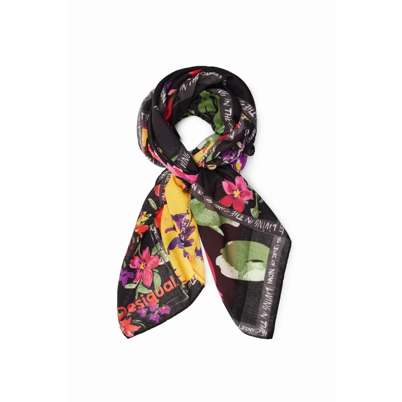 Desigual női divatsál, Flores Patch, fekete, színes mintás