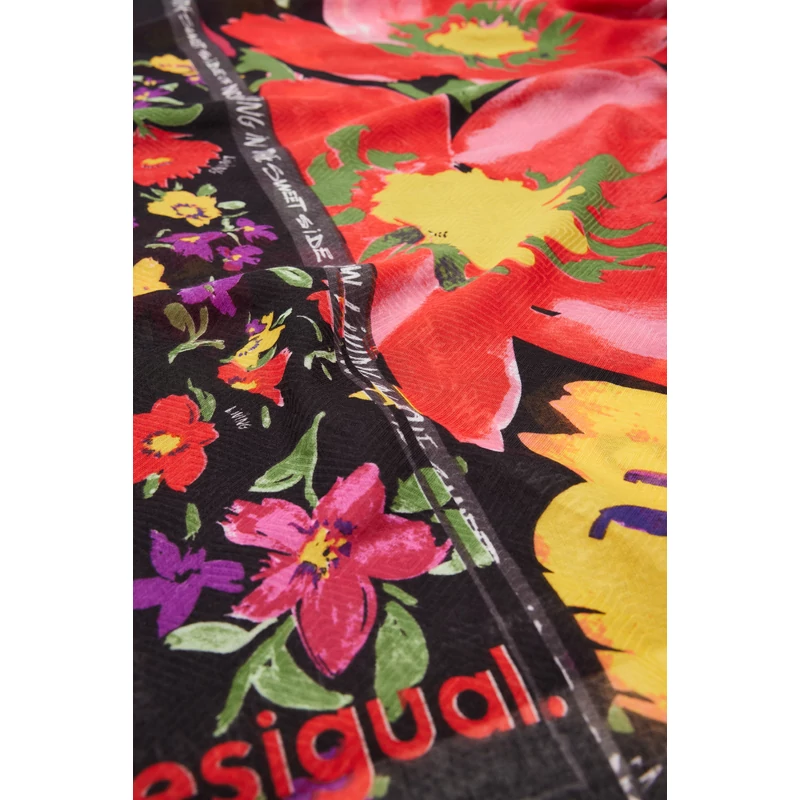 Desigual női divatsál, Flores Patch, fekete, színes mintás