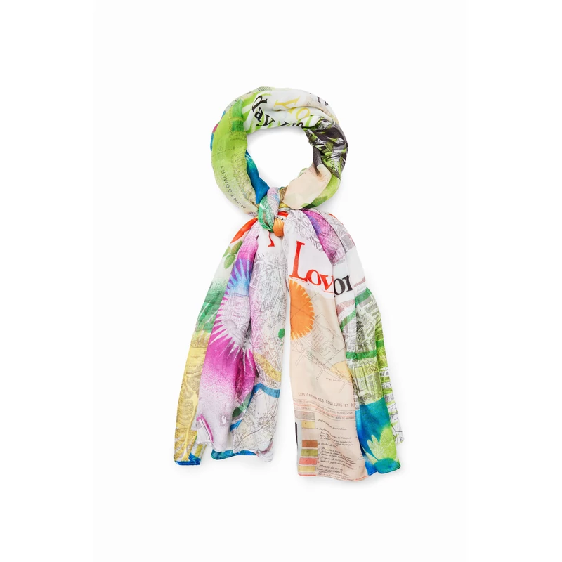 Desigual női divatsál, Newspaper Colors Rectangle, színes mintás