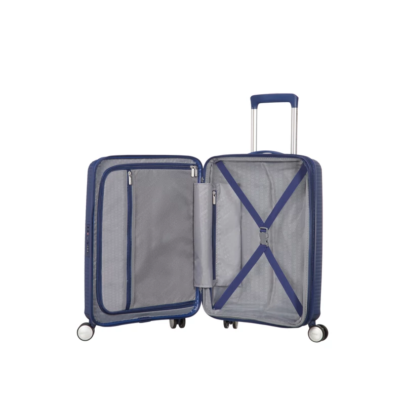 American Tourister Soundbox 4-kerekes keményfedeles bővíthető kabin bőrönd 55x40x20/23 cm, sötétkék