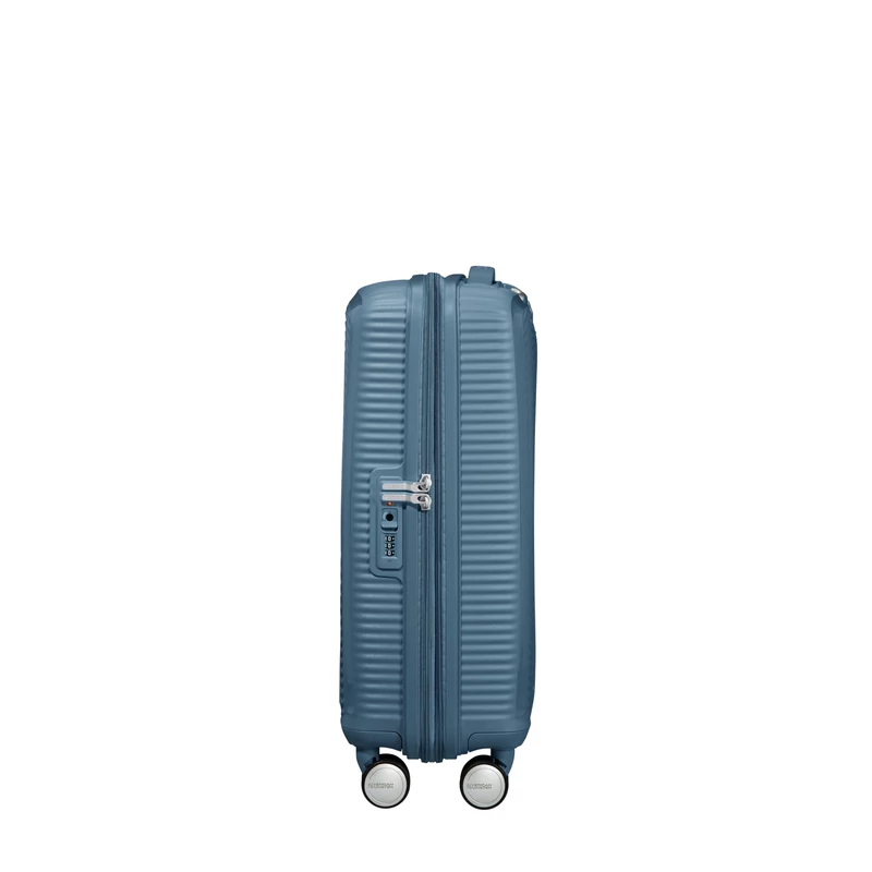 American Tourister Soundbox 4-kerekes keményfedeles bővíthető kabin bőrönd 55x40x20/23 cm, szürkés kék