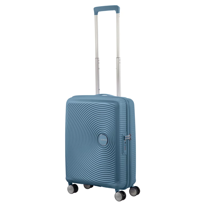 American Tourister Soundbox 4-kerekes keményfedeles bővíthető kabin bőrönd 55x40x20/23 cm, szürkés kék