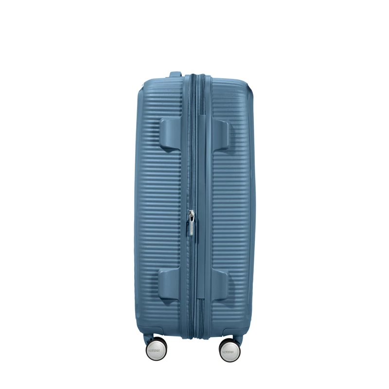 American Tourister Soundbox 4-kerekes keményfedeles bővíthető bőrönd 67 x 46.5 x 29/32 cm, szürkés kék