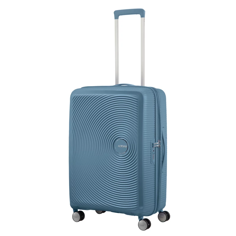 American Tourister Soundbox 4-kerekes keményfedeles bővíthető bőrönd 67 x 46.5 x 29/32 cm, szürkés kék