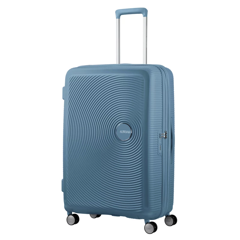 American Tourister Soundbox 4-kerekes keményfedeles bővíthető bőrönd 77 x 51.5 x 29.5/32.5 cm, szürkés kék