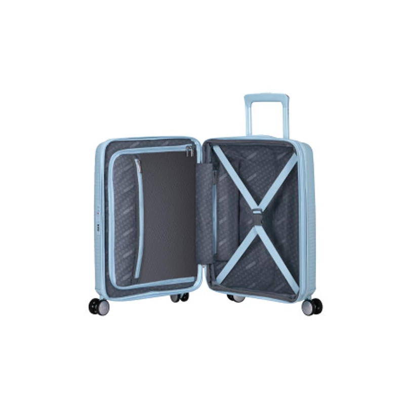American Tourister Soundbox 4-kerekes keményfedeles bővíthető kabin bőrönd 55x40x20/23 cm, pasztell kék