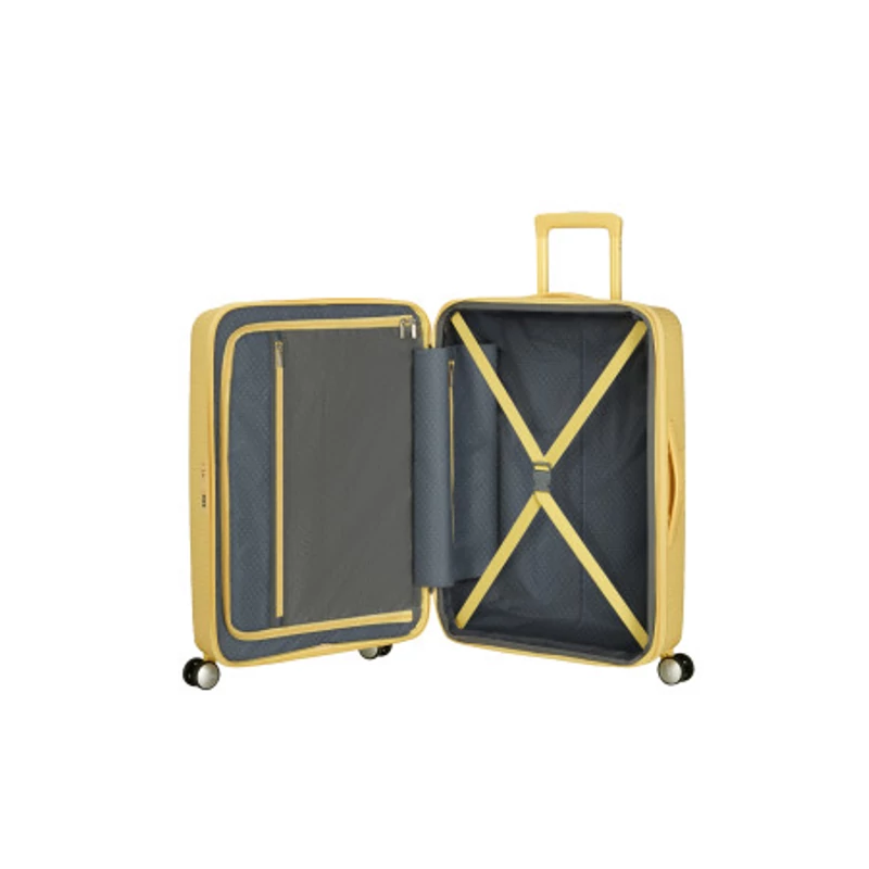American Tourister Soundbox 4-kerekes keményfedeles bővíthető bőrönd 67 x 46.5 x 29/32 cm, pasztell sárga