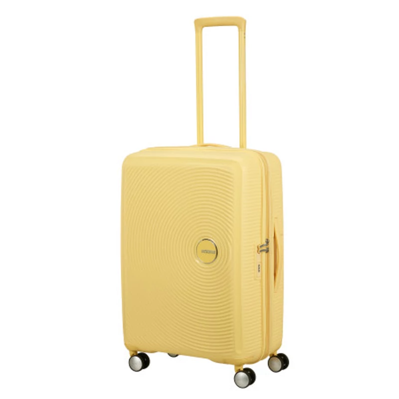 American Tourister Soundbox 4-kerekes keményfedeles bővíthető bőrönd 67 x 46.5 x 29/32 cm, pasztell sárga