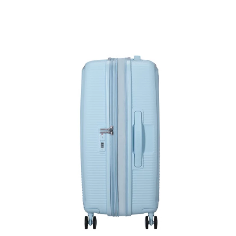 American Tourister Soundbox 4-kerekes keményfedeles bővíthető bőrönd 67 x 46.5 x 29/32 cm, pasztell kék