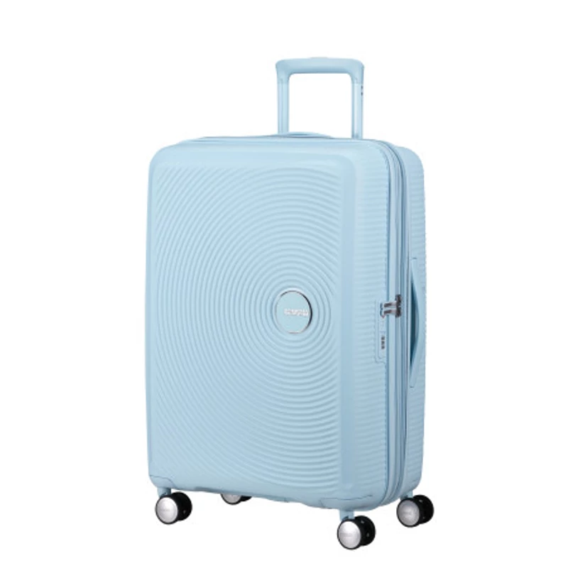 American Tourister Soundbox 4-kerekes keményfedeles bővíthető bőrönd 67 x 46.5 x 29/32 cm, pasztell kék