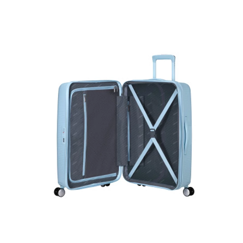 American Tourister Soundbox 4-kerekes keményfedeles bővíthető bőrönd 67 x 46.5 x 29/32 cm, pasztell kék
