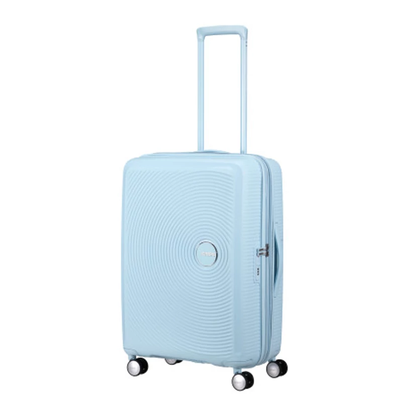 American Tourister Soundbox 4-kerekes keményfedeles bővíthető bőrönd 67 x 46.5 x 29/32 cm, pasztell kék