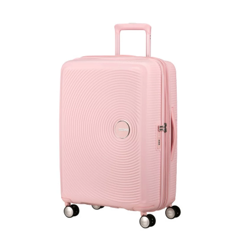 American Tourister Soundbox 4-kerekes keményfedeles bővíthető bőrönd 67 x 46.5 x 29/32 cm, pasztell rózsaszín