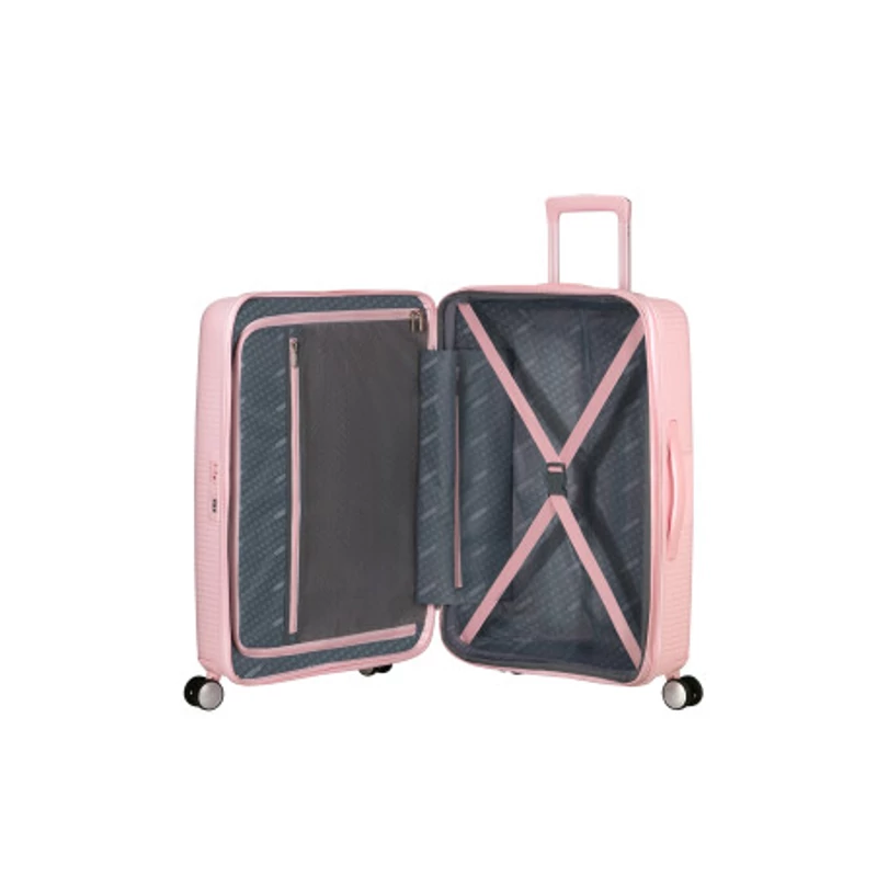 American Tourister Soundbox 4-kerekes keményfedeles bővíthető bőrönd 67 x 46.5 x 29/32 cm, pasztell rózsaszín