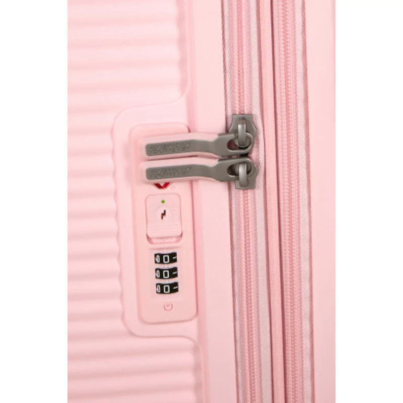 American Tourister Soundbox 4-kerekes keményfedeles bővíthető bőrönd 67 x 46.5 x 29/32 cm, pasztell rózsaszín