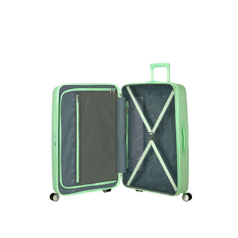 American Tourister Soundbox 4-kerekes keményfedeles bővíthető bőrönd 77 x 51.5 x 29.5/32.5 cm, pasztell zöld
