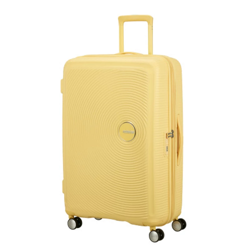 American Tourister Soundbox 4-kerekes keményfedeles bővíthető bőrönd 77 x 51.5 x 29.5/32.5 cm, pasztell sárga