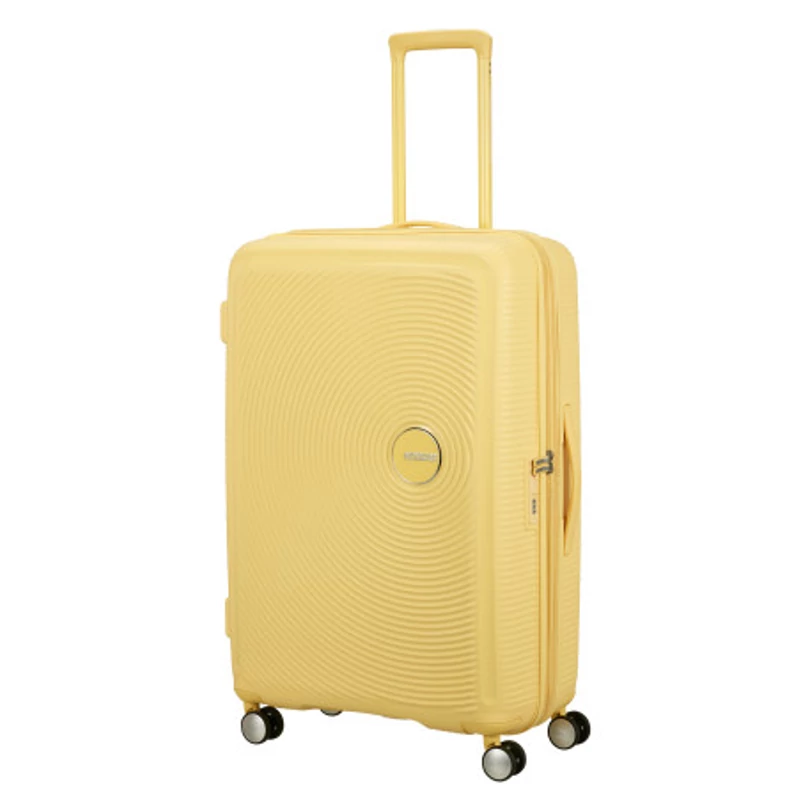 American Tourister Soundbox 4-kerekes keményfedeles bővíthető bőrönd 77 x 51.5 x 29.5/32.5 cm, pasztell sárga