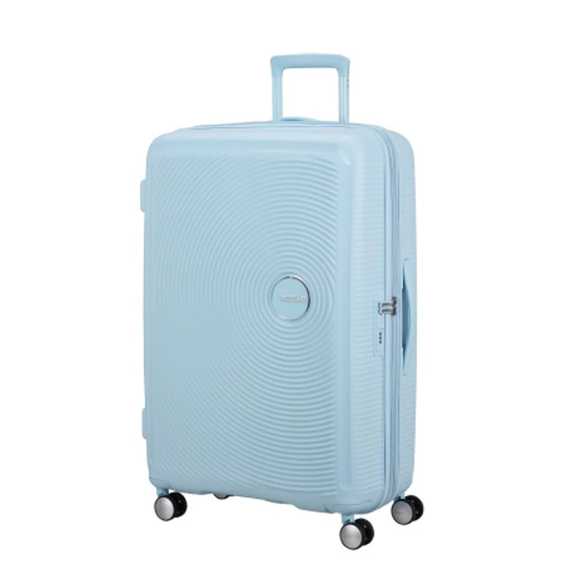 American Tourister Soundbox 4-kerekes keményfedeles bővíthető bőrönd 77 x 51.5 x 29.5/32.5 cm, pasztell kék